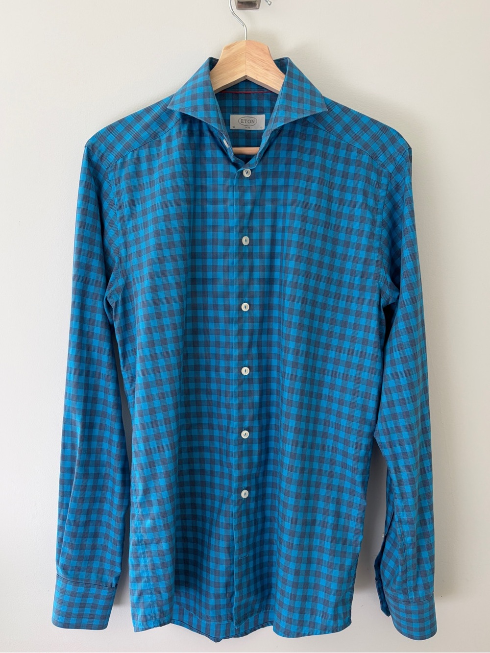 Eton Blue Navy Gingham Check Shirt Slim Fit Cutaway Collar 38 / 15